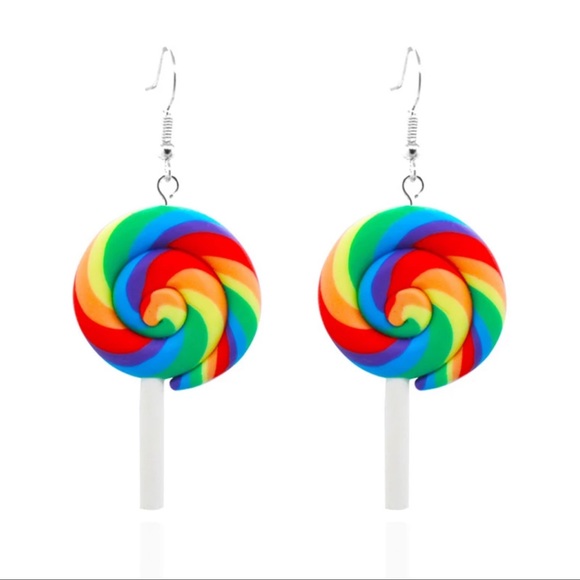 Clay Rainbow Swirl Lollipop Drop Earrings Fashion Custom Made Handmade GIFT - Picture 6 of 7